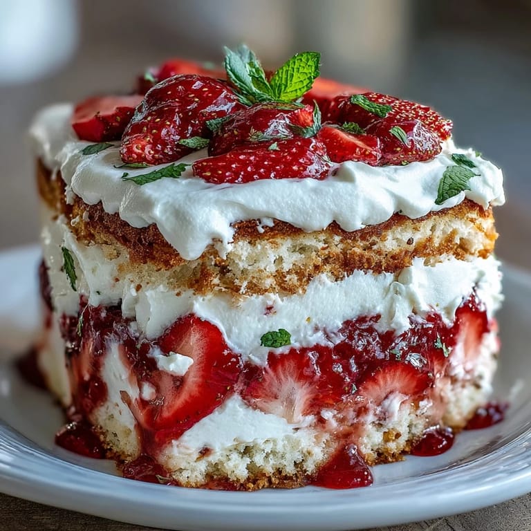 Layered vanilla sponge cake filled with whipped cream and ripe strawberries, decorated with edible flowers for spring.