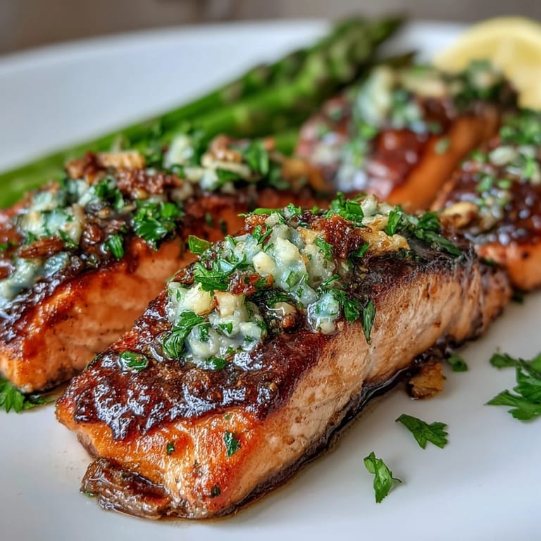 Juicy salmon fillets pan-seared in garlic butter, served alongside vibrant asparagus for a quick spring dinner.