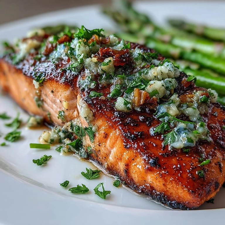 Asparagus and tender salmon bathed in fragrant garlic butter, garnished with fresh parsley and lemon slices.