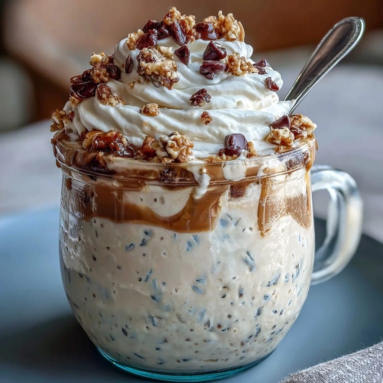Creamy overnight oats jar layered with vanilla bean, espresso, and Greek yogurt, topped with whipped cream and chocolate chips for a frappuccino-inspired start.