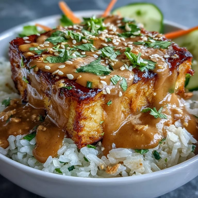 A vibrant vegan tofu bowl with fresh vegetables, herbs, and peanut sauce served on rice.