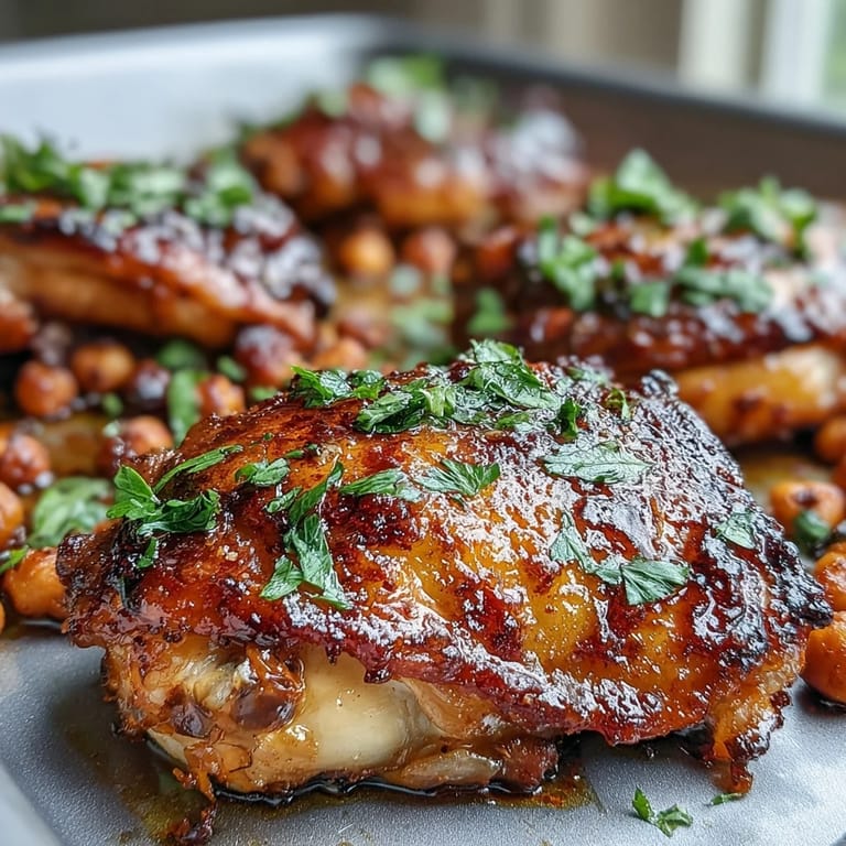 Spicy harissa-marinated chicken thighs roasted with bell peppers, zucchini, and chickpeas on a sheet pan dinner.  