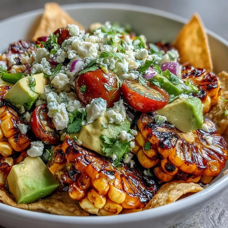 A colorful taco salad featuring sweet grilled corn, black beans, and creamy avocado.  