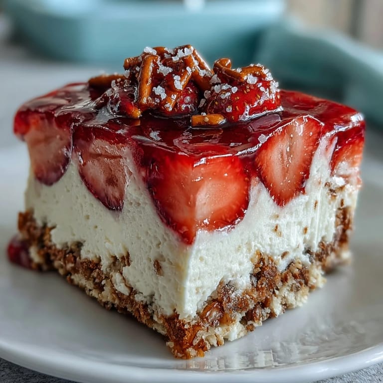 Sweet and salty pretzel crust topped with creamy cheesecake layer and fresh strawberries in strawberry gelatin.