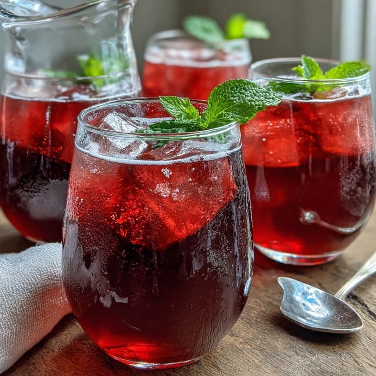 Refreshing non-alcoholic drink featuring hibiscus tea, zesty lemon, and mint leaves topped with chilled sparkling water.  