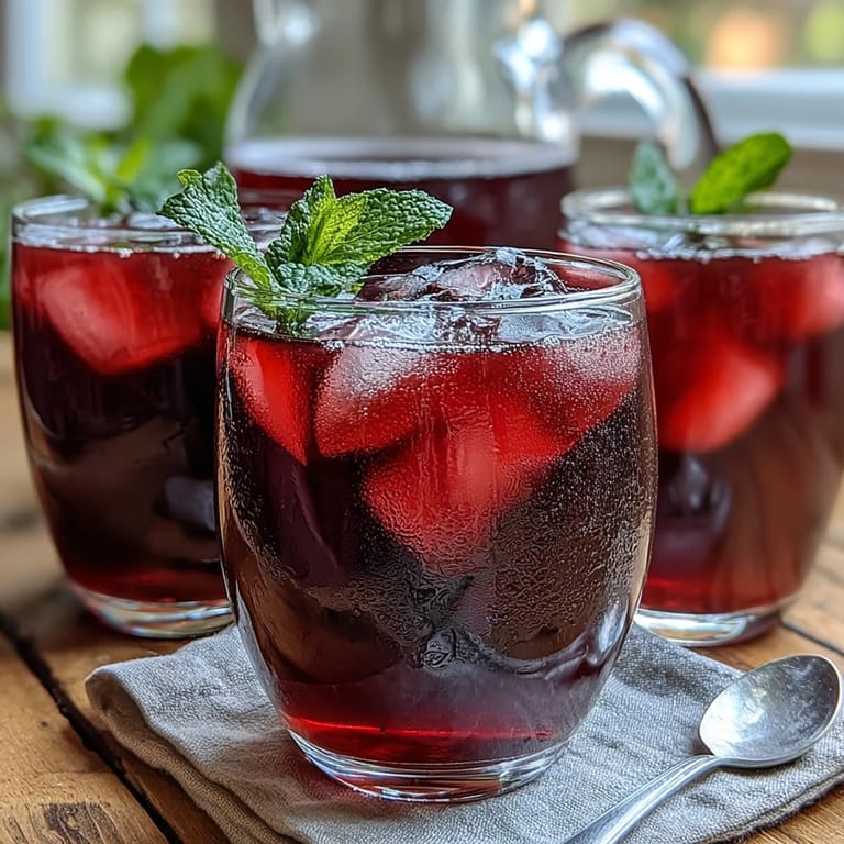 Colorful hibiscus mint lemonade mocktail served over ice with lemon wedges and fresh mint sprigs for a cooling sip.