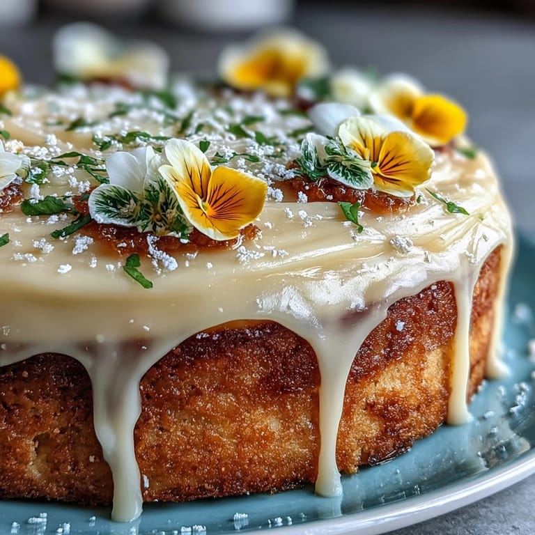 Fluffy lemon cake layers filled and frosted with tangy cream cheese frosting, decorated with vibrant edible blooms.