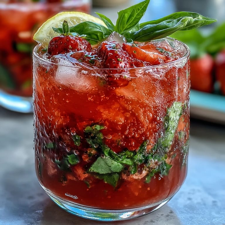 Vibrant non-alcoholic strawberry basil drink garnished with fresh basil leaves and lemon wedges, perfect for summer parties.