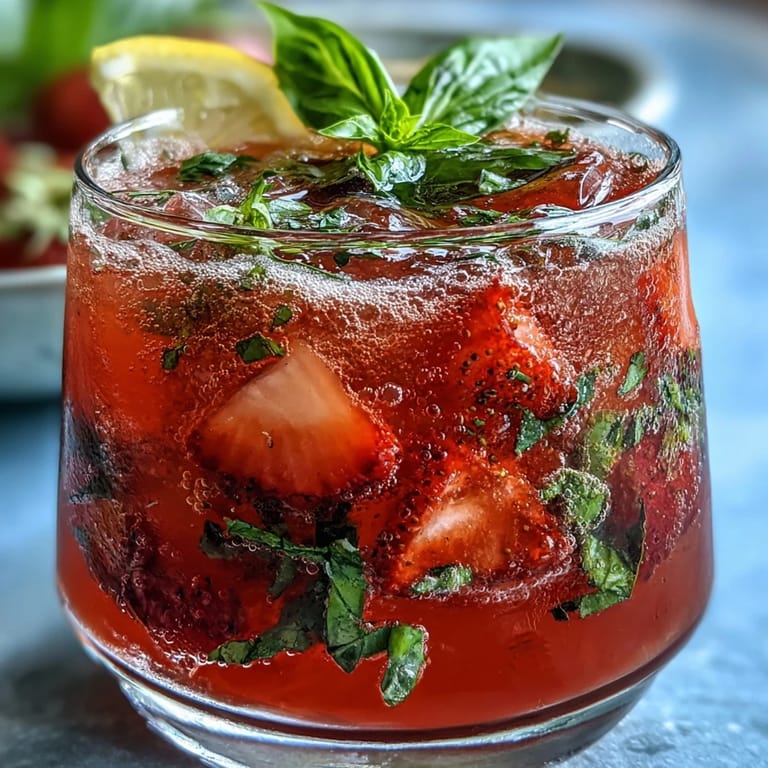 Chilled strawberry basil mocktail featuring sweet berries, aromatic herbs, and effervescent sparkling water served over ice.