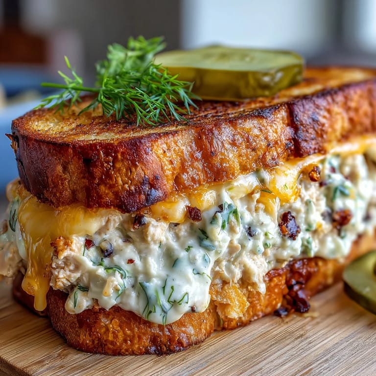 Classic Crispy Tuna Melt featuring crisp bread, rich tuna salad, and melted Swiss cheese perfection.
