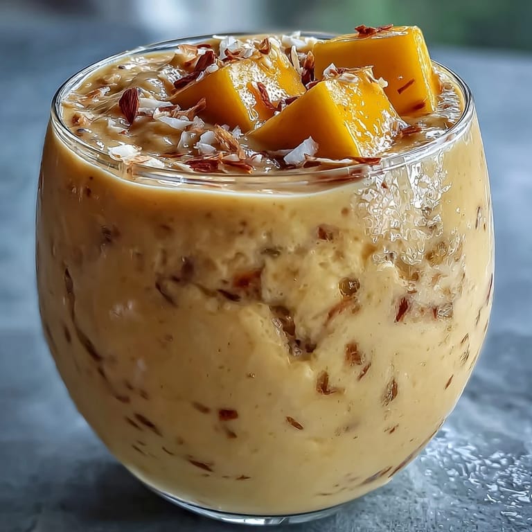 Thick, refreshing Mango Coconut Chia Smoothie ready to enjoy with a straw.