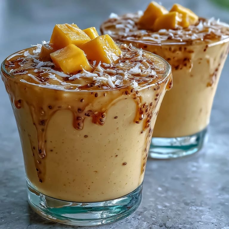 Vibrant blended Mango Coconut Chia Smoothie, a perfect tropical breakfast delight.