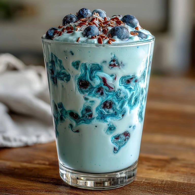 Healthy probiotic kefir smoothie showcasing blueberries and nutritious flaxseed, ready to sip.