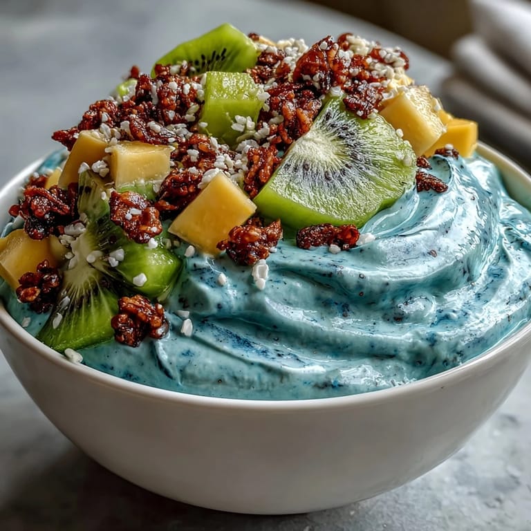Creamy blue spirulina smoothie bowl bursting with fresh tropical fruit toppings.