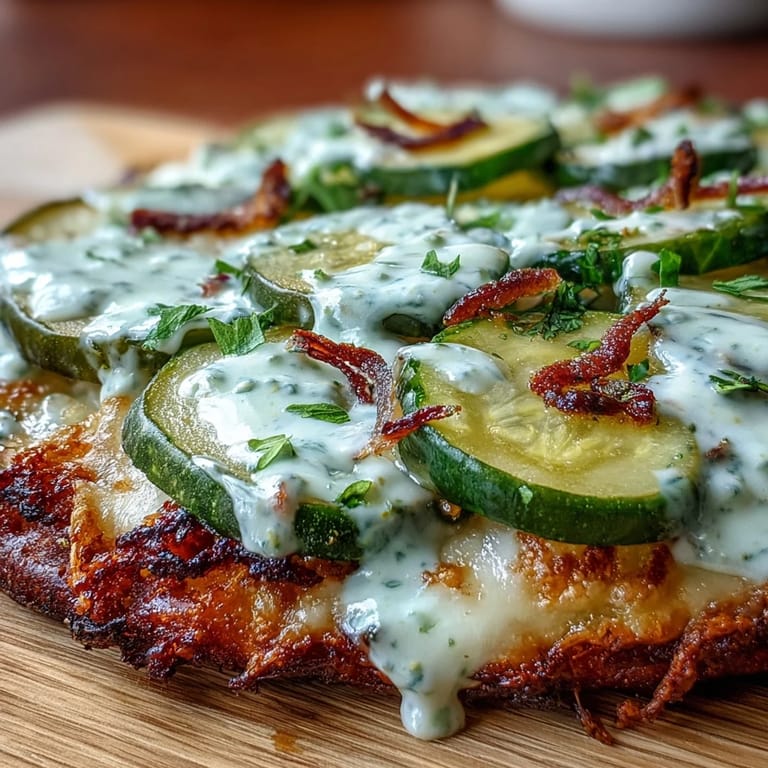 Crispy flatbread loaded with pickles, cheese, and a delicious garlic ranch sauce.