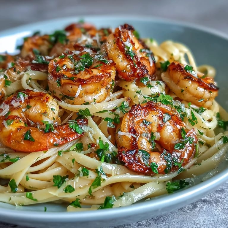 Lemony Shrimp Scampi Linguine, glistening with wine sauce and fresh parsley garnish.