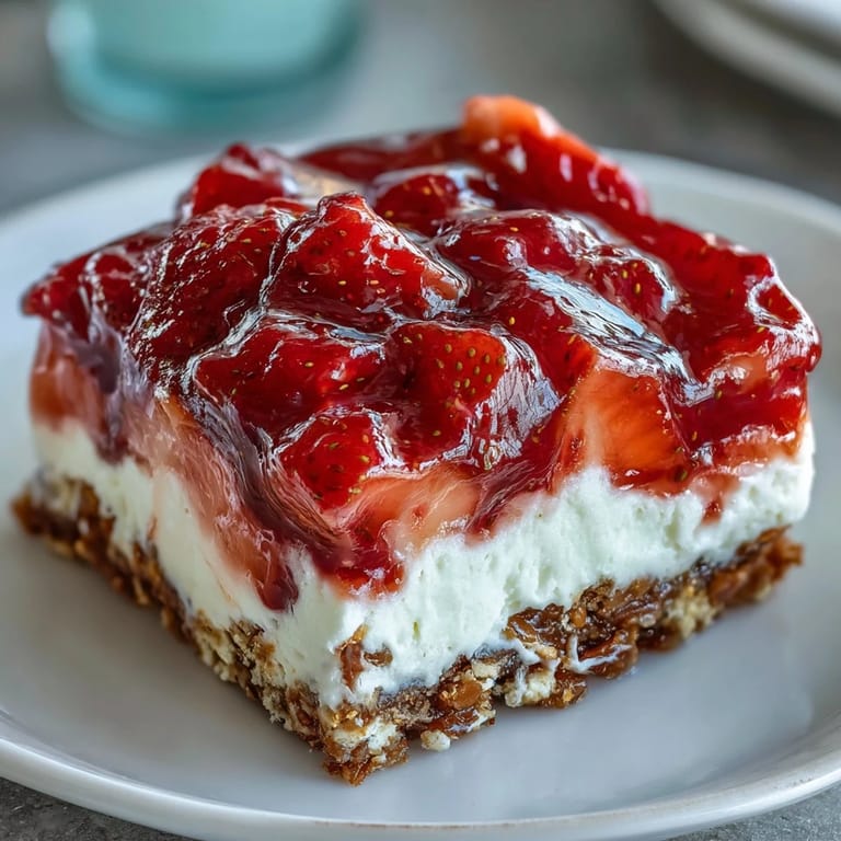 Creamy Strawberry Pretzel Salad dessert, a delicious layered treat ready to serve.