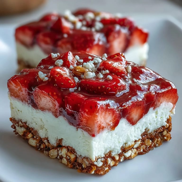 Vibrant Strawberry Pretzel Salad bars glistening with fresh fruit topping and crunch.