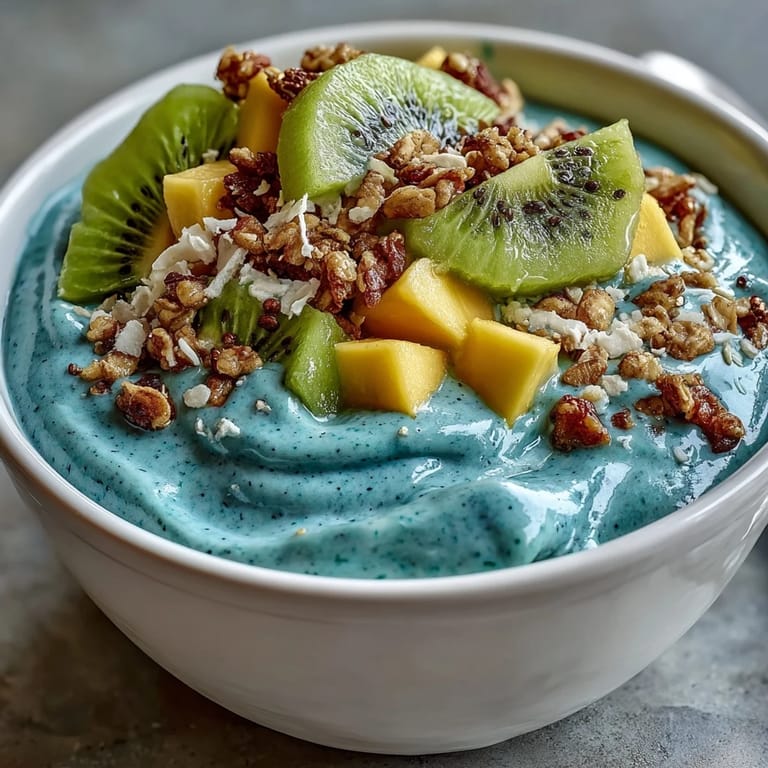 Vibrant blue spirulina smoothie bowl, a refreshing tropical breakfast treat.
