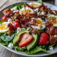 Vibrant Spring Cobb Salad with Strawberries and Avocado, showcasing colorful rows of fresh greens, juicy berries, creamy avocado, and crumbled feta.