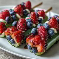 Red, white, and blue fruit skewers with strawberries, bananas, and blueberries arranged in a patriotic pattern on wooden sticks.