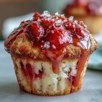 Strawberry lemon muffins with glaze, topped with juicy berries and a tangy lemon drizzle, baked to golden perfection.