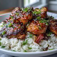 Honey garlic chicken with rice in a slow cooker, served with sesame seeds and green onions.