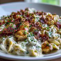 Golden, creamy Creamy Jalapeño Popper Chicken Pasta swirls in a bowl, topped with crispy bacon bits and fresh jalapeño slices.