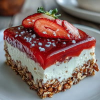 Memorial Day Strawberry Pretzel Salad Dessert with creamy cheesecake and fresh strawberries in strawberry gelatin.