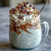 Vanilla Bean Frappuccino Overnight Oats Jar with creamy vanilla oats, coffee layers, and whipped cream topping for a refreshing breakfast treat.