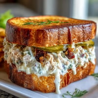 Crispy Tuna Melt sandwich with gooey melted cheese and crunchy pickles on golden buttered bread.