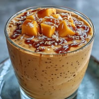 Creamy Mango Coconut Chia Smoothie topped with fresh mango chunks and seeds.