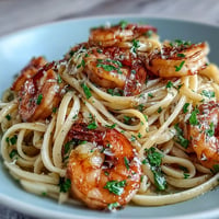 A gorgeous plate of Shrimp Scampi Linguine shimmering with garlic butter sauce.
