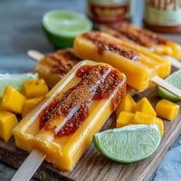 Vibrant, frozen Mango Chamoy Popsicles with Tajin, swirled and icy.